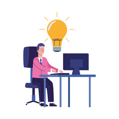 Wall Mural - businessman working at office desk with computer with bulb light icon, colorful design