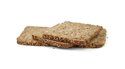 Poster - Slices of wholemeal dark bread isolated on a white background in close-up (high details)