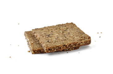 Poster - Slices of wholemeal dark bread isolated on a white background in close-up (high details)