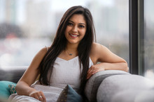 Beautiful Casual Headshot Lifestyle Portrait, Home Living, Relaxing, Leisure, Comfortable Modern Apartment In The City