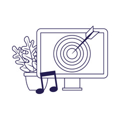 Sticker - plant in a pot and computer with target, flat design