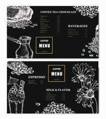 Wall Mural - Coffee illustration. Hand drawn vector banner. Coffee beans, bag, dessert flowers. Menu