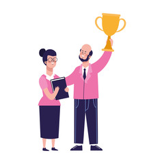 Sticker - cartoon woman and businessman holding up a trophy, colorful design