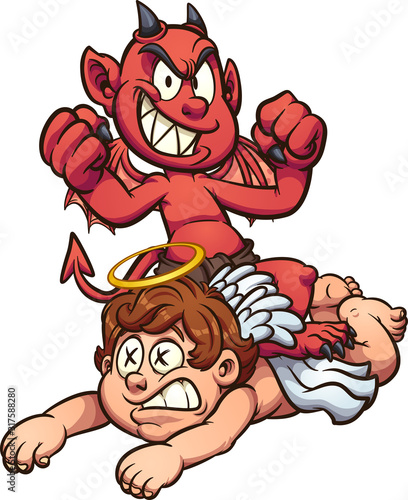 Fotomural Devil kid standing over defeated kid angel