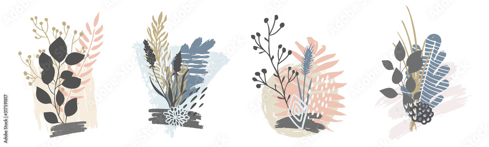 Hand drawn vector abstract tropical leaves background isolated on white. Vector - obrazy, fototapety, plakaty 
