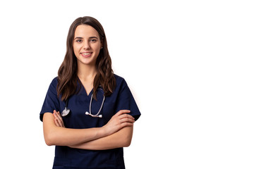 cheerful young female doctor with stethoscope over neck looking at camera isolated on white