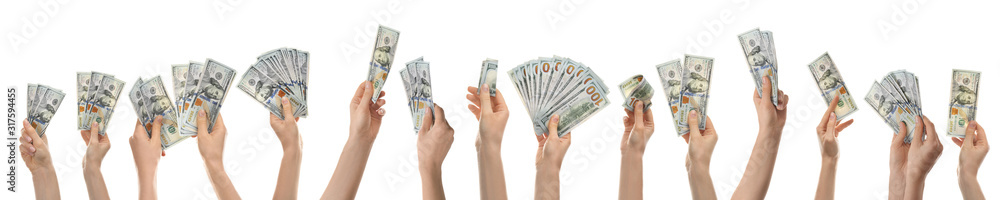 Collage of women with money on white background, closeup. American dollars - obrazy, fototapety, plakaty 