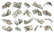 Set Of American Dollars On White Background. Flying Money