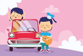 Wall Mural - happy boy playing guitar and girl on classic car