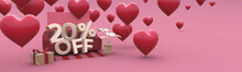 20 Twenty Percent Off - Valentines Day Sale Horizontal 3D-banner With Copy Space.