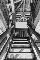 Wall Mural - Low angle shot of stairs as they lead to the remainder of the wooden house