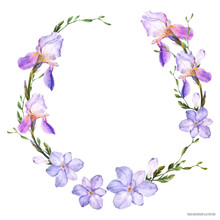 Decorative Watercolor Wreath With Iris And Freesia Flowers On A White Background