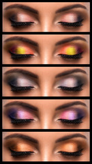 Set of different coloreful smoky eyes make-up. Collection of professional eye makeup with long false eyelashes.