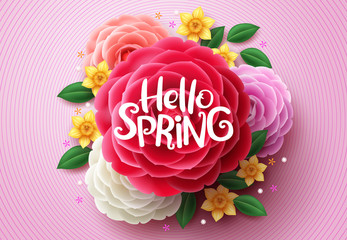 Wall Mural - spring flowers vector design. hello spring text above colorful camellia and crocus flowers in pink s