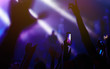© maxbelchenko - Audience with hands raised at a music festival and lights streaming down from above the stage. Crowd raising their hands, dancing and enjoying great the concert.