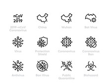 Coronavirus Mystery Virus From China Or Wuhan Vector Icon Set NCoV. Biohazard, Concept Editable Line