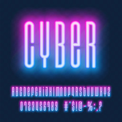 Wall Mural - Neon vector font. Glowing blue and pink capital letters and numbers on dark blue background. Glowing font in cyber style technology. Trendy vector neon alphabet.