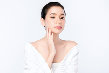 Wall Mural - Portrait beautiful young asian woman clean fresh bare skin concept. Asian girl beauty face skincare and health wellness, Facial treatment, Perfect skin, Natural make up, on white background,two