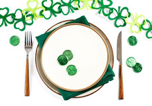 Festive Table Setting For St.Patrick's Day. Copy Spase, Top View.