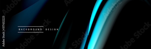 Сolorful flow poster. Wave liquid lines and shapes in black color background....
