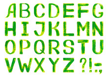 Latin Alphabet With Green Letters. Hand-painted Illustration. English Alphabet. Isolated On White Background. Yellow-green Textured Font. Eco, Spring, Summer Font. Gouache, Oil Or Acrylic Technique.