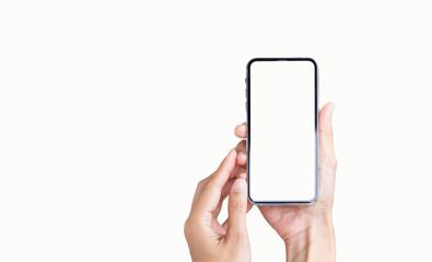 Mockup image blank white screen cell phone.man hand holding texting using mobile.background empty space for advertise text.people contact marketing business,technology 