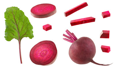 Wall Mural - Set of beet slices, whole beetroot and green fresh leaf for design isolated on white background