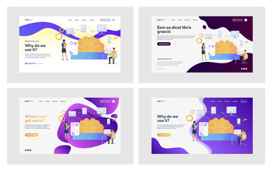 Wall Mural - Brainwork research set. Business colleagues presenting brain diagram. Flat vector illustrations. Efficiency, idea for startup, business concept for banner, website design or landing web page
