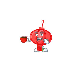 Poster - cartoon character of chinese lampion with a cup of coffee