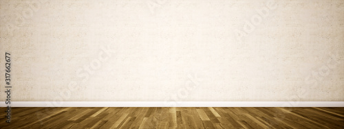 Fotomural Concept or conceptual vintage or grungy brown background of natural wood or wooden old texture floor and concrete wall for contrast