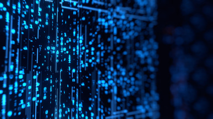 Wall Mural - 3D Rendering of blur binary data background in blue color tone. Depth of field effect applied. Concept for big data, deep machine learning, artificial intelligence