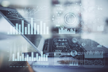 Fototapete - Forex graph hologram on table with computer background. Double exposure. Concept of financial markets.