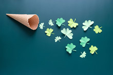 St. Patrick's Day, Waffle Cone With Shamrock On A Green Background