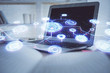 © peshkova - Computer on desktop with social network theme icon. Multi exposure. Concept of international connections.