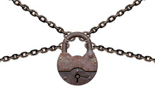 Rusty Padlock With Chains Isolated On White Background