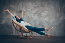 Profile Side View Portrait Of Her She Nice Attractive Lovely Feminine Cheerful Cheery Dreamy Wavy-haired Girl Lying In Armchair Resting Stretching Having Fun At Modern Loft Industrial Style Interior