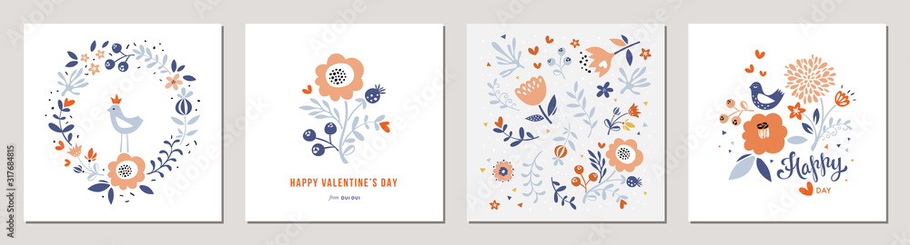 Happy Valentine's Day greeting cards. Floral square templates. Suitable for social media posts, mobile apps, banners design and web/internet ads. - obrazy, fototapety, plakaty 
