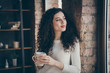 © deagreez - Close-up portrait of her she nice attractive lovely charming dreamy cheerful thoughtful wavy-haired girl drinking coffee caffeine in modern loft industrial brick style interior room