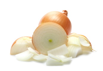 Wall Mural - Onion bulb cut in half and chopped slices isolated on white background