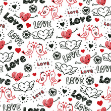 Valentines Day Doodles Seamless Pattern. Kissing Birds, Flying Hearts, Love Scribbles In Red And Black. Repeating Hand Drawn Background. Sketches Of Love Symbols. For Greeting Card, Fabric, Wrapping
