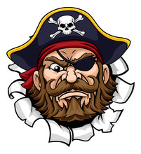 A Pirate Cartoon Character Captain Mascot Face With Skull And Crossed Bones On His Tricorne Hat Breaking Or Tearing Through The Background