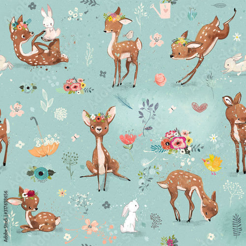 Naklejka dekoracyjna seamless pattern with little deer and hare