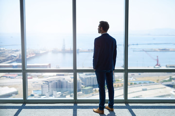 Businessman looking out at harbour through large windows