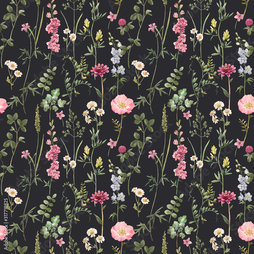 Beautiful vector floral summer seamless pattern with watercolor hand drawn fi...