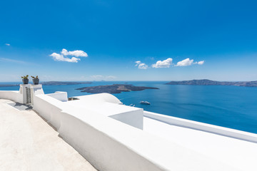   White architecture on Santorini island, Greece. Beautiful summer landscape, sea view. 