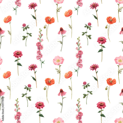 Beautiful vector floral summer seamless pattern with watercolor hand drawn fi...