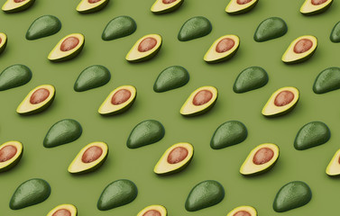 Avocado pattern on green olive background. Sliced avocado minimal flat lay concept. Colorful pastel texture of fresh food.