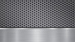 Background in silver and gray colors, consisting of a perforated metallic surface with holes and one horizontal polished plate located below, with a metal texture, glares and shiny edges