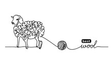 Sheep  Best, Finest Wool. Vector Label Design, Simple Background. One Continuous Line Drawing Of Sheep And Wool.