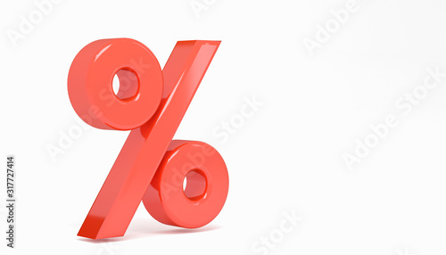 Fotografía Glossy red 3d render percent symbol isolated on white background with clipping path, alphabet discount pattern